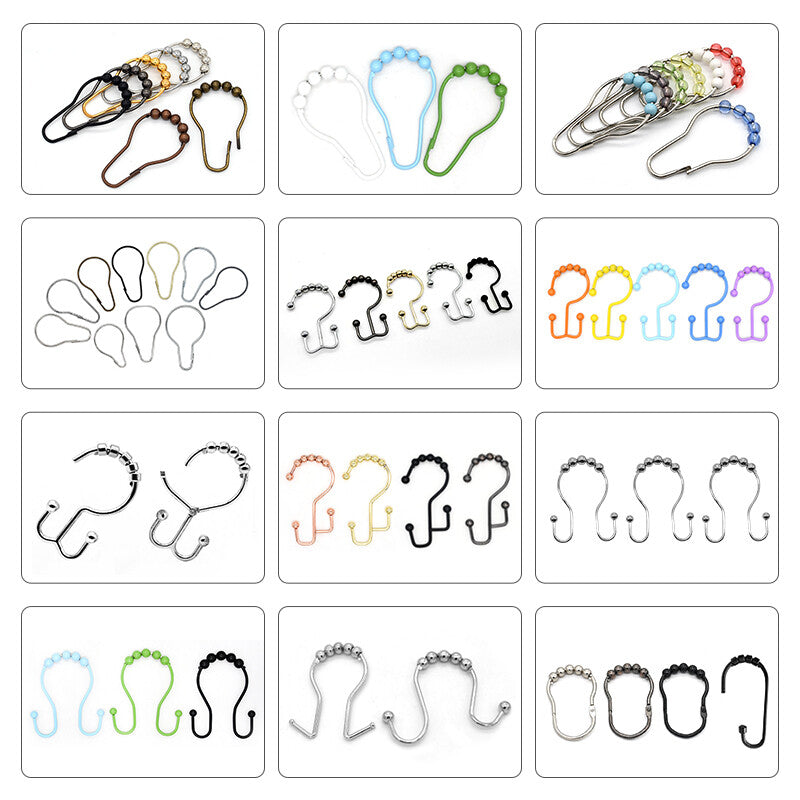Decorative Silver 12 Pcs Modern Bathroom Roller Hanger Rust Resistant Rod Metal Double Glide Side Ring Shower Curtain Hook 20pcs