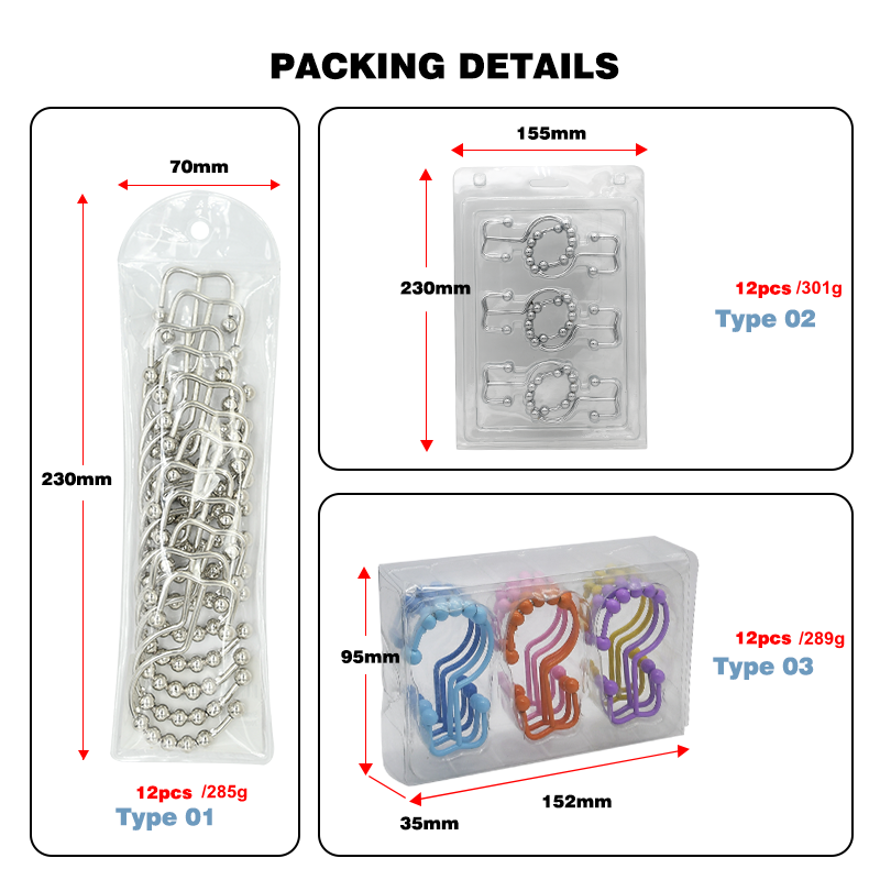 Decorative Silver 12 Pcs Modern Bathroom Roller Hanger Rust Resistant Rod Metal Double Glide Side Ring Shower Curtain Hook 10pcs