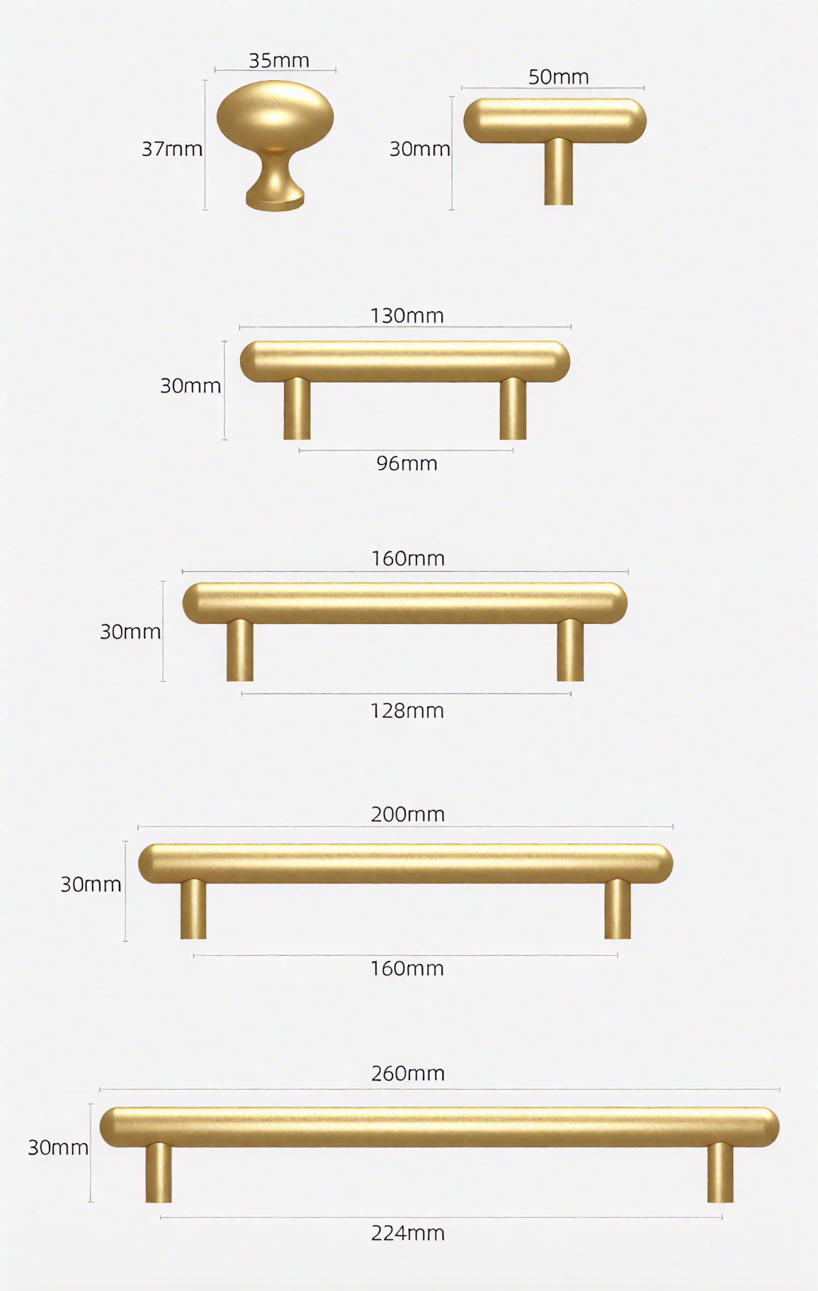 Brass Modern Ambidextrous Handles for Doors Kitchen Cabinets Wardrobes Drawers Apartment Bedroom Use with Easy Installation 10pcs