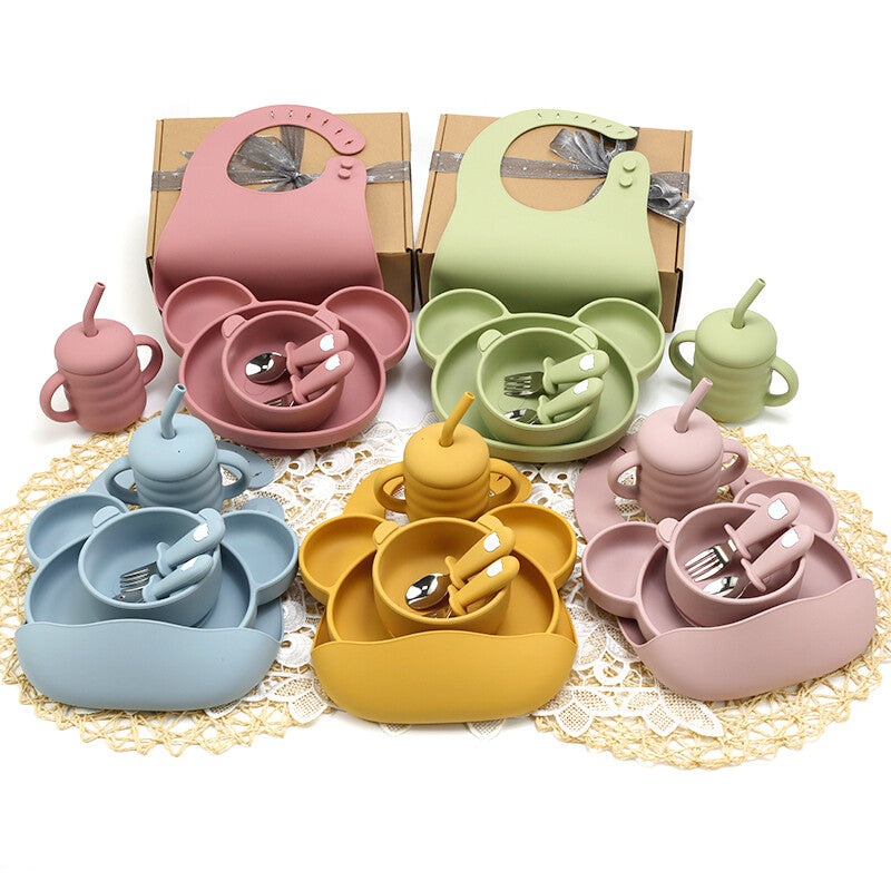 Non-slip Suction Baby Feeding Set Baby Suction Bowl Plate Sippy Cup Bib Spoon Silicone Baby Feeding Set for Kids Dining 30pcs