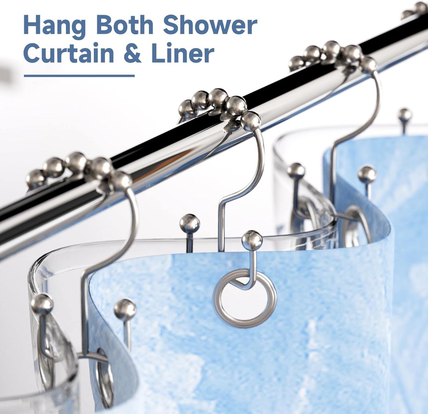 Decorative Silver 12 Pcs Modern Bathroom Roller Hanger Rust Resistant Rod Metal Double Glide Side Ring Shower Curtain Hook 20pcs