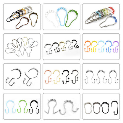 Decorative Silver 12 Pcs Modern Bathroom Roller Hanger Rust Resistant Rod Metal Double Glide Side Ring Shower Curtain Hook 20pcs