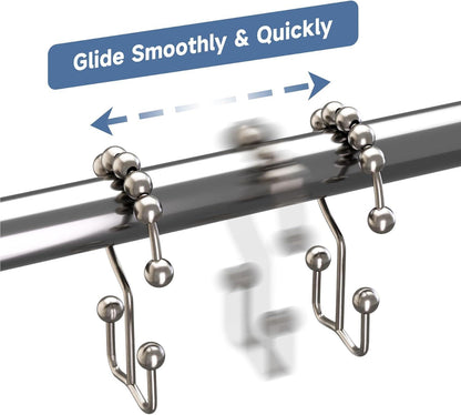 Decorative Silver 12 Pcs Modern Bathroom Roller Hanger Rust Resistant Rod Metal Double Glide Side Ring Shower Curtain Hook 20pcs