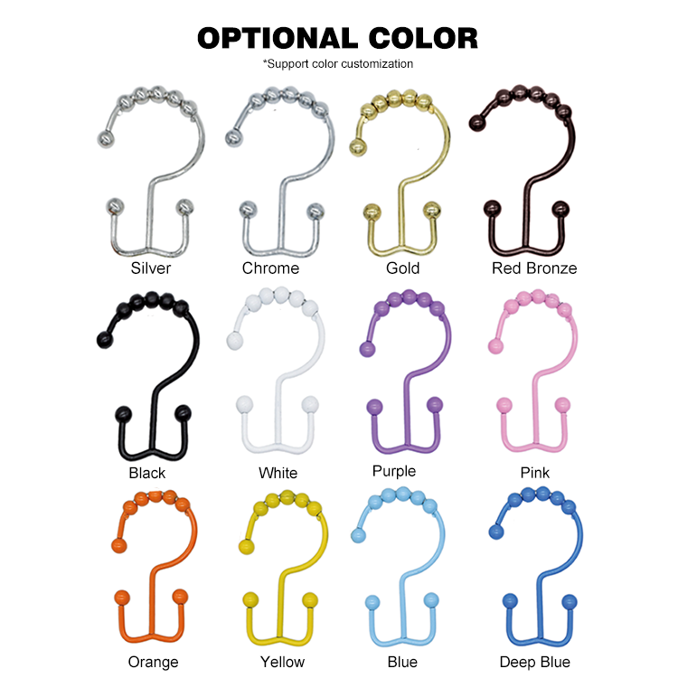 Decorative Silver 12 Pcs Modern Bathroom Roller Hanger Rust Resistant Rod Metal Double Glide Side Ring Shower Curtain Hook 10pcs