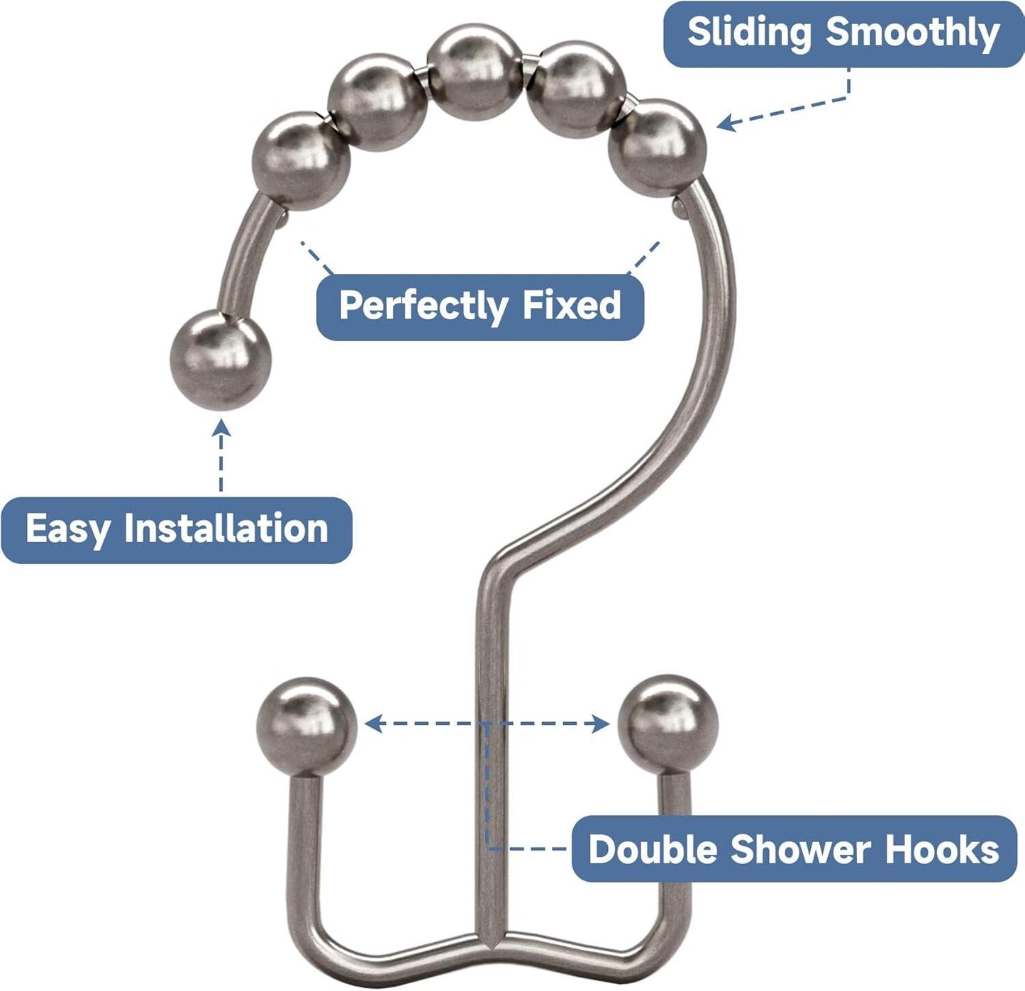 Decorative Silver 12 Pcs Modern Bathroom Roller Hanger Rust Resistant Rod Metal Double Glide Side Ring Shower Curtain Hook 10pcs