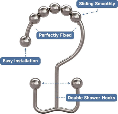 Decorative Silver 12 Pcs Modern Bathroom Roller Hanger Rust Resistant Rod Metal Double Glide Side Ring Shower Curtain Hook 20pcs